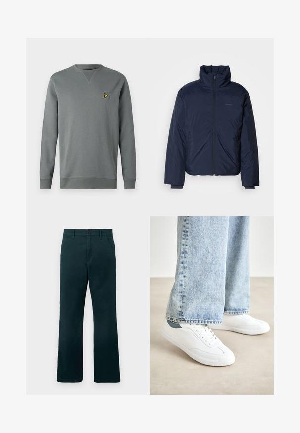 Ναυτικό φωσφορούχο μπουφάν με ψηλό κολάρο και πλήρη φερμουάρ μπροστά. Διαθέτει τσέπες με φερμουάρ στα πλάγια και ραμμένες μανσέτες για επιπλέον ζεστασιά.; Γκρίζα μπλούζα με μακριά μανίκια και λαιμόκοψη. Διαθέτει ένα μικρό κίτρινο λογότυπο στο αριστερό μέρος του στήθους. Μαλακό, υφασμάτινο υλικό με ριμπ μανσέτες.; Σκούρο πράσινο παντελόνι σε ίσια γραμμή με θηλιές ζώνης, πλαϊνές τσέπες και κουμπί κλεισίματος σε λευκό φόντο.; Λευκά αθλητικά παπούτσια με λείο υλικό, σχέδιο με κορδόνια, υφή από καουτσούκ στη σόλα και teal λεπτομέρεια στην φτέρνα, συνδυασμένα με ανοιχτό μπλε τζιν.