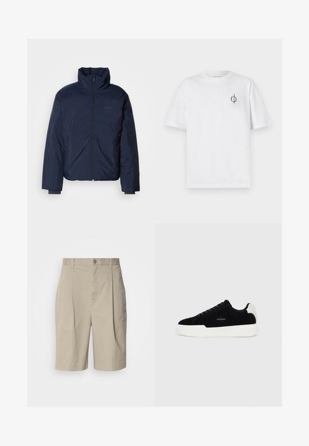 Marineblå quiltet puffjakke med høy krage og full frontglidelås. Har glidelåslommer på sidene og ribbestrikkede mansjetter for ekstra varme.; Hvit bomull t-skjorte med avslappet passform, med en liten svart grafisk logo på venstre brystområde. Korte ermer, rund hals.; Beige bomullsshorts med folder foran, knappelukking i midjen og sidelommer. Glatt tekstur og kne-lengde.; Svart lav sko med hvit såle og hæltab, snøring foran, og Calvin Klein-logo på siden.
