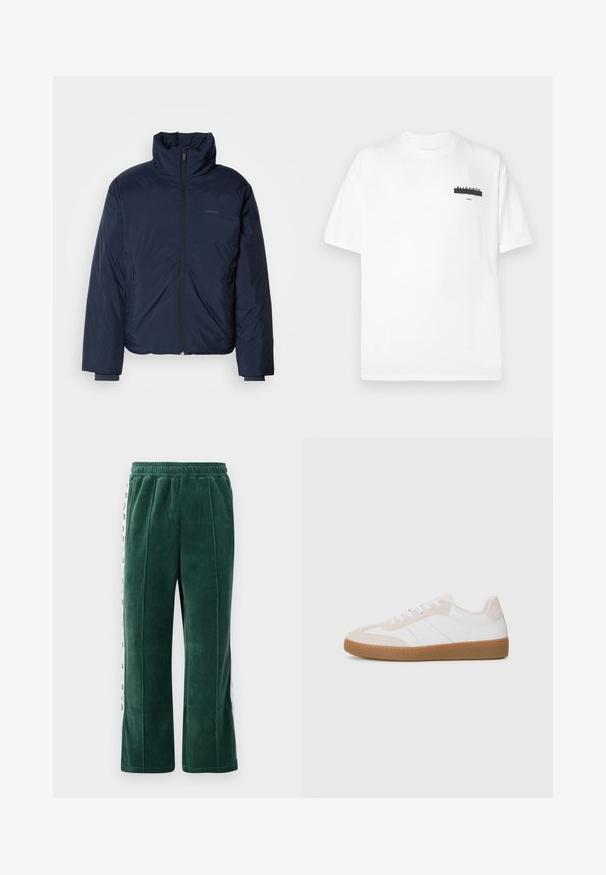 Granatowa pikowana kurtka puchowa z wysokim kołnierzem i pełnym zapięciem na zamek. Posiada kieszenie boczne zapinane na zamek oraz prążkowane mankiety dla dodatkowego ciepła.; Biała bawełniana koszulka z okrągłym dekoltem, krótkimi rękawami oraz minimalistyczną czarną grafiką nadrukowaną na piersi. Miękka tekstura i standardowy krój.; Ciemnozielone dresowe spodnie z weluru z elastycznym pasem, z pionowymi szwami i białymi bocznymi panelami z czarnym napisem. Prosty krój.; Białe i beżowe sneakersy z elementami z zamszu i skóry. Posiadają gumową podeszwę, sznurowany design i minimalistyczne paski po bokach.