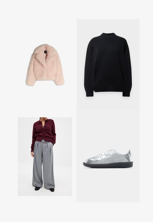 Giacca in pelliccia sintetica di un morbido rosa con una texture soffice, design corto, ampio colletto e davanti aperto. Presenta maniche lunghe e nessuna chiusura visibile.; Maglione nero lavorato a maglia con colletto a girocollo a coste, spalle cadenti e polsini e orlo a coste. Design semplice e monocolore.; Cardigan a maglia color bordeaux con bottoni e colletto rotondo, abbinato a pantaloni larghi a pieghe grigi e scarpe nere. Design semplice e professionale.; Sneakers argentati con una tomaia liscia e riflettente, dotati di suole in gomma nere e un classico design con allacciatura. Logo Puma sul lato.