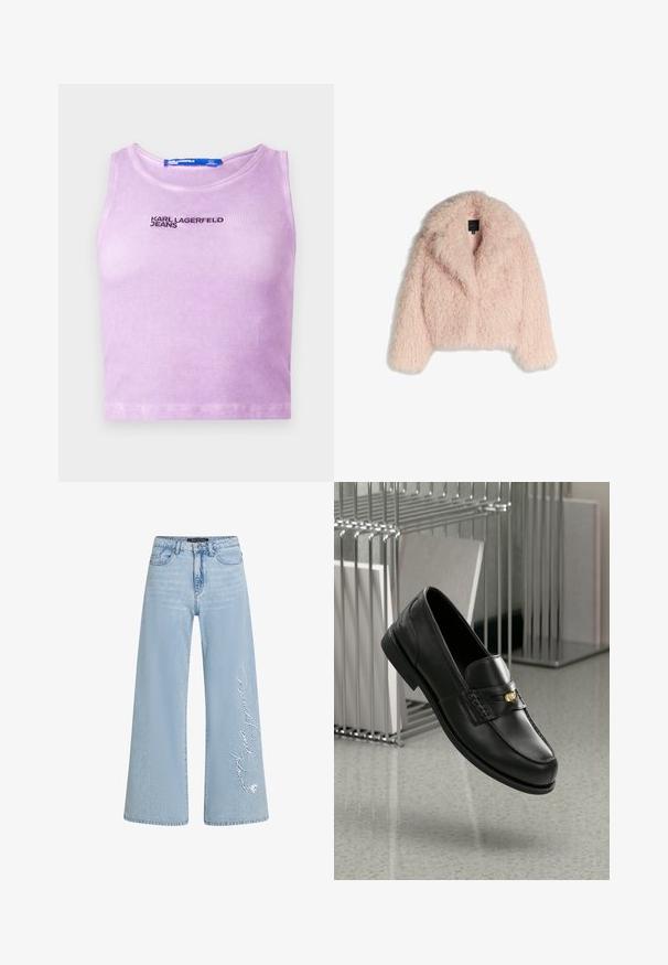 Umjetna krzna jakna u mekoj roza boji s fluffy teksturom, skraćeni dizajn, široki ovratnik i otvoreni prednji dio. Ima duge rukave i bez vidljivih zatvarača.; Žuti pleteni pulover s likom Donalda Ducka u crnoj jakni, plavim cipelama i crvenim potpisom. Okrugli izrez i rebrasti rukavi.; Ljubičasti kratki top s rebrastim uzorkom, okruglim izrezom i izvezenim natpisom "KARL LAGERFELD JEANS" tamnim koncem na prsima.; Svijetloplavi traper hlače širokih nogavica s vezanim tekstom "Donald i Daisy" na lijevoj nogavici. Ima klasičan dizajn s pet džepova i petljama za remen.; Crne kožne mokasine s glatkom završnom obradom, s dekorativnom trakom i malim zlatnim akcentom. Potplat je ravan s zaobljenim vrhom.