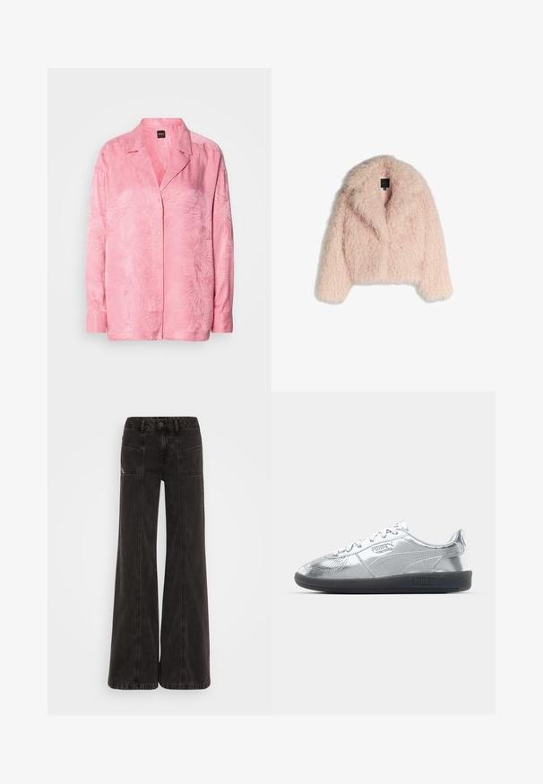 Umelá kožušinová bunda v jemne ružovej farbe s nadýchanou textúrou, skrátený strih, široký golier a otvorený predný diel. Má dlhé rukávy a žiadne viditeľné zapínanie.; Svetloružová košeľa na gombíky s jemným vzorom palmových listov. Vyrobená z hladkej tkaniny s voľným strihom a klasickým dizajnom goliera.; Čierne široké džínsy vyrobené z denimu, s vysokým pásom, prednými vreckami a tonálnym prešívaním pozdĺž švov.; Strieborné tenisky s hladkým, reflexným zvrškom, vybavené čiernymi gumovými podrážkami a klasickým šnurovacím dizajnom. Logo Puma na boku.