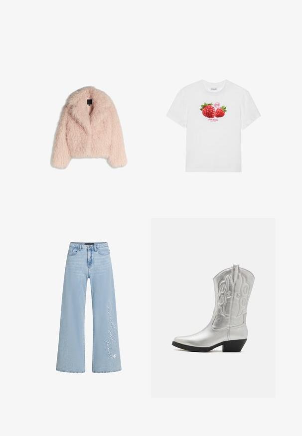 Faux fur-jacka i mjuk rosa med en fluffig textur, kortad design, bred krage och öppen framsida. Har långa ärmar och inga synliga stängningar.; Vit bomull T-shirt med en grafik av två röda hallon med gröna blad, och texten "färsk frukt" och "söt & god" nedanför.; Ljusblå vida jeans i denim med broderad text "Donald och Daisy" på vänster ben. Har klassisk femfickdesign och bälteshällor.; Silverfärgade lädercowboyboots med spetsig tå, dekorativ sömnad och medelhög blockklack. Har en dragflik för enkel påtagning.