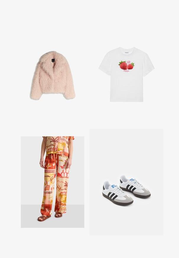 Tekoturkista valmistettu vaaleanpunainen takki, jossa on pehmeä, pörröinen pinta, lyhyt muoto, leveä kaulus ja avoin etuosa. Takissa on pitkät hihat, eikä siinä ole näkyviä kiinnityksiä.; Valkoinen puuvillapaita, jossa on grafiikka kahdesta punaisesta vadelmasta vihreine lehtineen, ja tekstit "tuore hedelmä" ja "makea & herkullinen" alla.; Kaksi osaa koostuva pellavan sekoiteasuste, joka sisältää lyhythihaisen kukkakuosisen paidan ja leveälahkeiset housut lämpimissä punaisen, oranssin ja keltaisen sävyissä.; Urheilukengät, joissa on valkoinen nahkainen päällinen, harmaa mokkanokka ja kolme mustaa raitaa. Ominaisuuksina sininen logo kielekkeessä ja kuvioitu kumipohja.