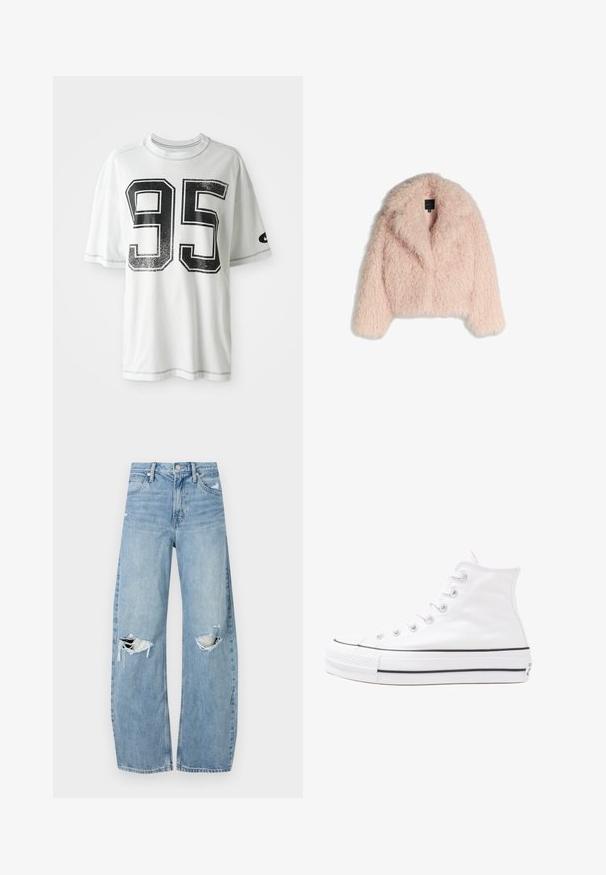 Tekoturkista valmistettu vaaleanpunainen takki, jossa on pehmeä, pörröinen pinta, lyhyt muoto, leveä kaulus ja avoin etuosa. Takissa on pitkät hihat, eikä siinä ole näkyviä kiinnityksiä.; Valkoinen lyhythihainen T-paita, jossa suuret kuluneet mustat numerot "95" edessä ja pieni musta swoosh-logo vasemmassa hihassa.; Vaaleansiniset, korkeavyötäröiset farkut, jotka on valmistettu denimmateriaalista. Ominaisuuksiin kuuluvat leveät lahkeet, kaksi revittyä polvialuetta ja klassinen viiden taskun tyyli.; Valkoiset korkeavartiset kangaskengät mustalla kumipohjalla, edessä kuminen varvasosa ja kuusi nauha-aukkoa, puhtaan minimalistisella muotoilulla.