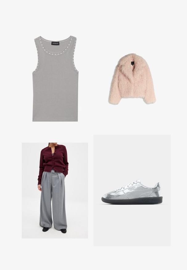 Faux fur-jacka i mjuk rosa med en fluffig textur, kortad design, bred krage och öppen framsida. Har långa ärmar och inga synliga stängningar.; Grå ärmlös topp av ribbat tyg med rundad halsringning och vita prickar längs kanterna. Ren fållfinish.; Burgundy stickad cardigan med knappar och rund hals, i kombination med grå plisserade vida byxor och svarta skor. Enkel och professionell design.; Silversneakers med en slät, reflekterande ovandel, med svarta gummisulor och klassisk snördesign. Puma-logotyp på sidan.
