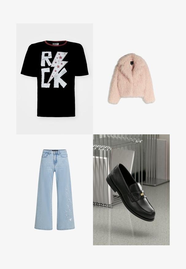 Umelá kožušinová bunda v jemne ružovej farbe s nadýchanou textúrou, skrátený strih, široký golier a otvorený predný diel. Má dlhé rukávy a žiadne viditeľné zapínanie.; Čierne tričko s bielym a červeným dizajnom blesku a textom "ROCK", zdobené červenými hviezdami. Okrúhly výstrih s kontrastným lemovaním.; Svetlomodré široké džínsy z denimu s vyšitým textom "Donald a Daisy" na ľavom boku. Majú klasický dizajn s piatimi vreckami a pútka na opasok.; Čierne kožené mokasíny s hladkým povrchom, s ozdobnou páskou a malým zlatým akcentom. Podrážka je plochá s zaoblenou špičkou.
