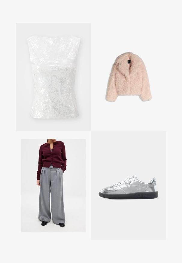 Faux fur jacket in soft pink with a fluffy texture, cropped design, wide collar, and open front. Features long sleeves and no visible closures.; Weekday SPLATTER - Top - silver; Burgundy knit cardigan with buttons and a round neck, paired with gray pleated wide-leg trousers and black shoes. Simple and professional design.; Silver sneakers with a smooth, reflective upper, featuring black rubber soles and classic lace-up design. Puma logo on the side.