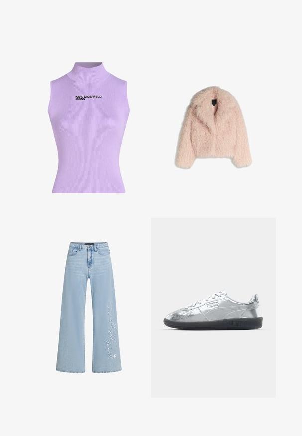 Faux fur-jacka i mjuk rosa med en fluffig textur, kortad design, bred krage och öppen framsida. Har långa ärmar och inga synliga stängningar.; Ärmlös topp med hög krage i ribbad lila tyg; har en svart "KARL LAGERFELD JEANS" logotyp på framsidan. Slät textur, figurnära silhuett.; Ljusblå vida jeans i denim med broderad text "Donald och Daisy" på vänster ben. Har klassisk femfickdesign och bälteshällor.; Silversneakers med en slät, reflekterande ovandel, med svarta gummisulor och klassisk snördesign. Puma-logotyp på sidan.