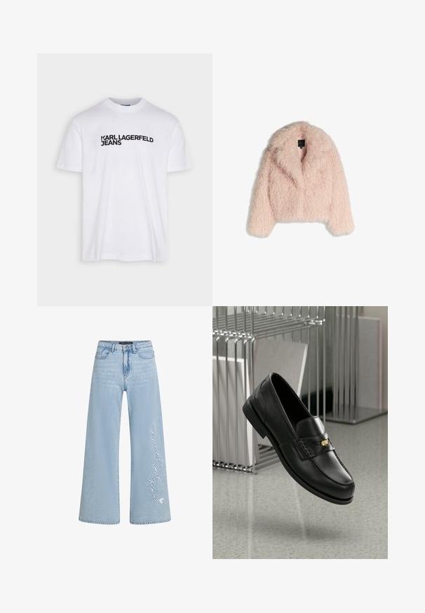 Umjetna krzna jakna u mekoj roza boji s fluffy teksturom, skraćeni dizajn, široki ovratnik i otvoreni prednji dio. Ima duge rukave i bez vidljivih zatvarača.; Bijela pamučna majica s okruglim izrezom, na prednjoj strani s crno ispisanim logotipom "KARL LAGERFELD JEANS".; Svijetloplavi traper hlače širokih nogavica s vezanim tekstom "Donald i Daisy" na lijevoj nogavici. Ima klasičan dizajn s pet džepova i petljama za remen.; Crne kožne mokasine s glatkom završnom obradom, s dekorativnom trakom i malim zlatnim akcentom. Potplat je ravan s zaobljenim vrhom.