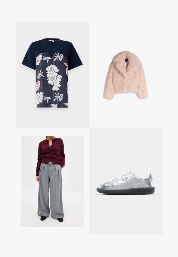 Faux-Fur-Jacke in sanftem Rosa mit flauschiger Textur, cropped Design, weitem Kragen und offenem Vorderteil. Verfügt über lange Ärmel und keine sichtbaren Verschlüsse.; Marineblaue T-Shirt mit floralem Druck in Weiß und Hellrosa, ausgestattet mit vertikalen roten Streifen und einem V-Ausschnitt. Kurzärmelig.; Burgunderfarbener Strickcardigan mit Knöpfen und rundem Ausschnitt, kombiniert mit grauen, plissierten, weit geschnittenen Hosen und schwarzen Schuhen. Einfaches und professionelles Design.; Silberne Sneaker mit einer glatten, reflektierenden Oberseite, ausgestattet mit schwarzen Gummisohlen und klassischem Schnürdesign. Puma-Logo an der Seite.