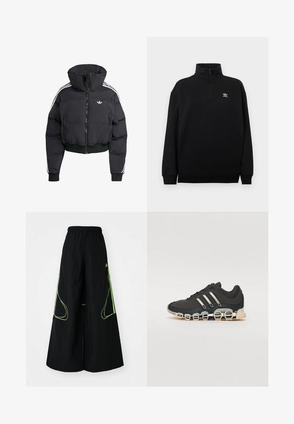 Čierna nafúknutá bunda s vysokým golierom, predným zipsom, dvomi zipsovými vreckami a bielymi bočnými pruhmi. Obsahuje rebrované manžety a lem.; Čierna mikina so štvrtinovým zipsom z mäkkého materiálu, s vysokým golierom, rebrovanými manžetami a malým bielym logom Adidas na hrudi.; adidas Originals TEAMGEIST - Tepláky - black/signal green; Čierna športová obuv s textúrovaným zvrškom, tromi striebornými pruhmi a charakteristickou podošvou s viacerými integrovanými sekciami.