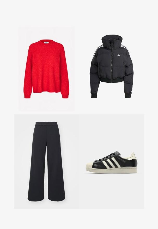 Zwarte pufferjack met hoge kraag, voorrits, twee ritszakken en witte zijstrepen. Heeft ribgebreide manchetten en zoom.; Envii ADA - Trui - salsa melange; Zwarte wijde sweatpants gemaakt van zachte stof, met een elastische tailleband en een klein logo aan de linkerkant.; Zwarte leren sneaker met witte strepen, rubberen teenbescherming, zwarte veters en een crèmekleurige loopzool. Glad oppervlak met een glanzende afwerking.