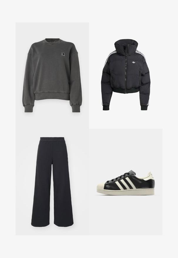 Crna puffer jakna s visokim ovratnikom, prednjim zatvaračem, dva džepa sa zatvaračem i bijelim bočnim trakama. Ima rebraste manžete i rub.; Carhartt WIP NELSON - Sportska majica - graphite; Crne široke sweatpants hlače napravljene od mekog materijala, s elastičnim strukom i malim logotipom s lijeve strane.; Crni kožni tenisice s bijelim prugama, gumeni zaštitni vrh, crne vezice i bijela potplata boje krem. Glatka tekstura s sjajnim završetkom.