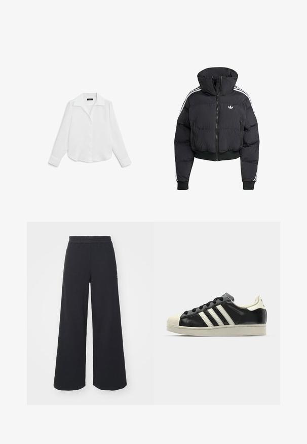 Schwarze Daunenjacke mit hohem Kragen, Frontreißverschluss, zwei Reißverschlusstaschen und weißen Seitenstreifen. Verfügt über gerippte Bündchen und Saum.; Massimo Dutti OPEN COLLAR LONG SLEEVE - Hemdbluse - white; Schwarze weite Sweatpants aus weichem Material, mit einem elastischen Taillenbund und einem kleinen Logo auf der linken Seite.; Schwarze Ledersneaker mit weißen Streifen, Gummikappe, schwarzen Schnürsenkeln und einer cremefarbenen Sohle. Glatte Textur mit glänzender Oberfläche.