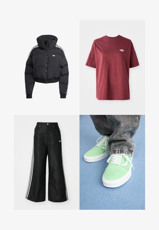 Black puffer jacket with high collar, front zipper, two zippered pockets, and white side stripes. Features ribbed cuffs and hem.; Maroon cotton t-shirt with a crew neckline, short sleeves, and a small white logo on the left chest area. Smooth texture, relaxed fit.; Black wide-leg denim pants with three white stripe accents on each side and a small white logo. Features front pockets and a button closure.; Person wearing light green and white sneakers with white laces and faded black jeans standing on a blue textured floor.