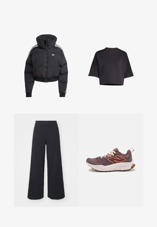 Black puffer jacket with high collar, front zipper, two zippered pockets, and white side stripes. Features ribbed cuffs and hem.; Black cropped t-shirt with a round neck, loose short sleeves, featuring vertical satin stripe accents on the left side. Smooth texture.; Black wide-leg sweatpants made from soft fabric, featuring an elastic waistband and a small logo on the left side.; Purple and gray athletic shoe with orange accents, textured mesh upper, EVA midsole, and a rubber outsole. Features contrasting laces and a heel tab.