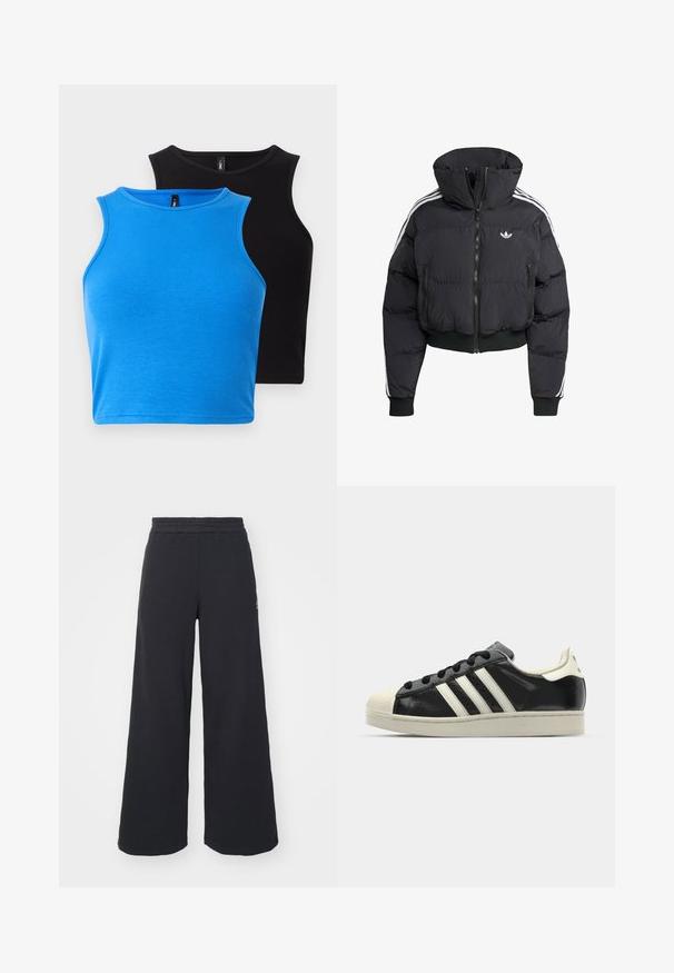 Czarna kurtka puchowa z wysokim kołnierzem, z przodu na zamek, z dwiema kieszeniami na zamek i białymi paskami po bokach. Posiada ściągacze przy mankietach i u dołu.; Dwa dopasowane, bezrękawnikowe topy crop — jeden w niebieskiej tkaninie prążkowanej, drugi w czarnej prążkowanej. Oba mają okrągłe dekolty i gładką teksturę.; Czarne szerokie spodnie dresowe wykonane z miękkiego materiału, z elastycznym paskiem w talii oraz małym logo po lewej stronie.; Czarne skórzane trampki z białymi paskami, gumowym czubkiem, czarnymi sznurówkami i kremową podeszwą. Gładka faktura z połyskującym wykończeniem.