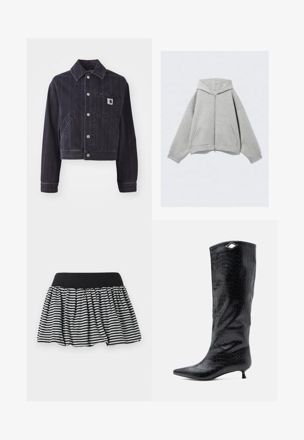 Jachetă din denim închis, cu dungi verticale, design scurt, guler tip punct, închidere frontală cu butoane și buzunar pe piept cu patch logo.; Hanorac gri cu fermoar, realizat dintr-un amestec moale de bumbac, având glugă, buzunare tip kengur și manșete ribbate. Ajustare relaxată, oversized.; Tricou alb din bumbac, cu mâneci scurte și decolteu rotund. Prezintă o etichetă roz pe gulerul interior. Textură netedă.; Fustă dungată alb-negru cu un design plisat și bandă elastică, realizată din material moale. Dispune de o formă evazată pentru volumul dorit.; Botă neagră până la genunchi, din piele cu textură croc lucioasă, având vârful ascuțit și un toc mic de tip kitten heel, cu un accent unghiular argintiu în partea de sus.