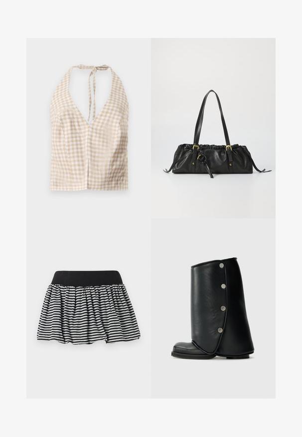 Tmavě modrá džínová bunda s vertikálními pruhy, zkrácený design, límec s špičkou, zapínání na přední knoflíky a náprsní kapsa s logem.; Bezová a bílá károvaná odhalená top s hlubokým výstřihem do V, zavazováním na zádech a mírnou texturou. Dvě malé přední švy dodávají detail.; Černobílá pruhovaná sukně se sklady a elastickým pasem, vyrobená z měkkého materiálu. Má roztřepený tvar pro objem.; Černé kožené kotníkové boty s zakřiveným designem, vybavené zaoblenou špičkou a ozdobnými stříbrnými knoflíky po vnější straně.; Černá kožená kabelka se staženým vrškem, dvěma ramenními popruhy, zlatými kovovými detaily a centrálním kruhovým akcentem. Hladká textura, kompaktní tvar.