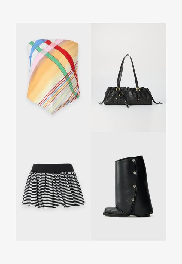 Tmavě modrá džínová bunda s vertikálními pruhy, zkrácený design, límec s špičkou, zapínání na přední knoflíky a náprsní kapsa s logem.; Vícebarevný šátek s kostkovaným vzorem v žluté, modré, růžové, červené a zelené barvě. Vyroben z lehké, hladké tkaniny s jemnou texturou.; Černobílá pruhovaná sukně se sklady a elastickým pasem, vyrobená z měkkého materiálu. Má roztřepený tvar pro objem.; Černé kožené kotníkové boty s zakřiveným designem, vybavené zaoblenou špičkou a ozdobnými stříbrnými knoflíky po vnější straně.; Černá kožená kabelka se staženým vrškem, dvěma ramenními popruhy, zlatými kovovými detaily a centrálním kruhovým akcentem. Hladká textura, kompaktní tvar.