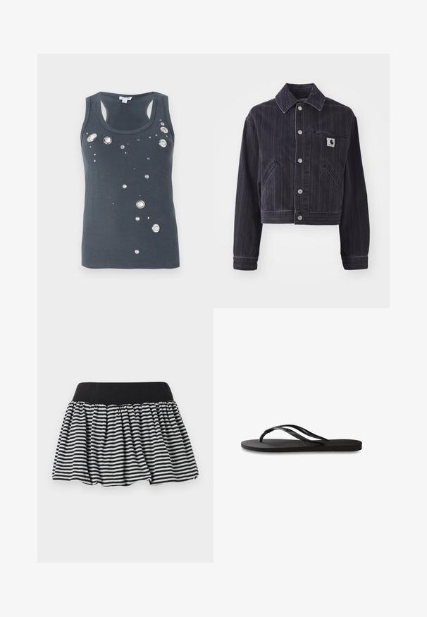 Temno modra jeans jakna z vertikalnimi črtami, skrajšanega kroja, z nagubanjem, sprednjim gumbnim zapiranjem in žepom na prsih z logotipom.; Temna siva majica brez rokavov s krožnim izrezom, okrašena s razpršenimi kovinskimi okroglimi in kvadratnimi dodatki za detajle. Mehka, prilegajoča se tkanina.; Skrilo z črnimi in belimi črtami z nabranim dizajnom in elastičnim pasom, izdelano iz mehkega materiala. Ima širok kroj za polnost.; Črne natikače z teksturirano gumijasto podlogo, dvema ozkima trakoma in subtilnim, vtisnjenim logom na traku.