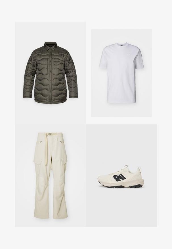 Tamsiai žalia pūkinė striukė, pasižyminti siuvinėtu raštu su bangomis, su apykakle ir priekiniais užsegimais snapeliais.; Balta medvilninė marškinėliai trumpomis rankovėmis ir apvaliu kaklu. Priekyje mažas, subtilus šviesiai mėlynas logotipas. Lygus paviršius.; Bežinės cargo kelnės su plačiomis kojomis, diržu liemens srityje, dviem šoninėm kišenėm ir kelių detalėm. Lygi tekstūra su sustiprinto siuvimo detalėmis.; Šviesiai bežiniai sportiniai bateliai su tinkleliu viršuje, juodu logotipu ir tekstūruotu padaisu. Pabrėžti geometriniu raštu ant tarpdalio.