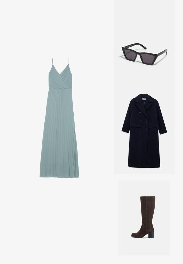 Dlhý námornícky modrý dvojradový vlnený kabát so širokými klopami, šiestimi čiernymi gombíkmi, dvoma prednými vreckami na klopu a dlhými rukávmi.; Svetloblúzový plisovaný šaty s prekrývajúcim dizajnom, tenkými ramienkami a prúdiacou siluetou, vyrobené z ľahkého materiálu.; Hnedé semišové vysoké čižmy s blokovým podpätkom a hladkým povrchom. Zaoblený špička a výrazné švy na zvršku.; Čierne, ostré slnečné okuliare so sivými sklami; vyrobené z plastu, majú hrubé ramená s hladkým povrchom a bez viditeľnej mechaniky.