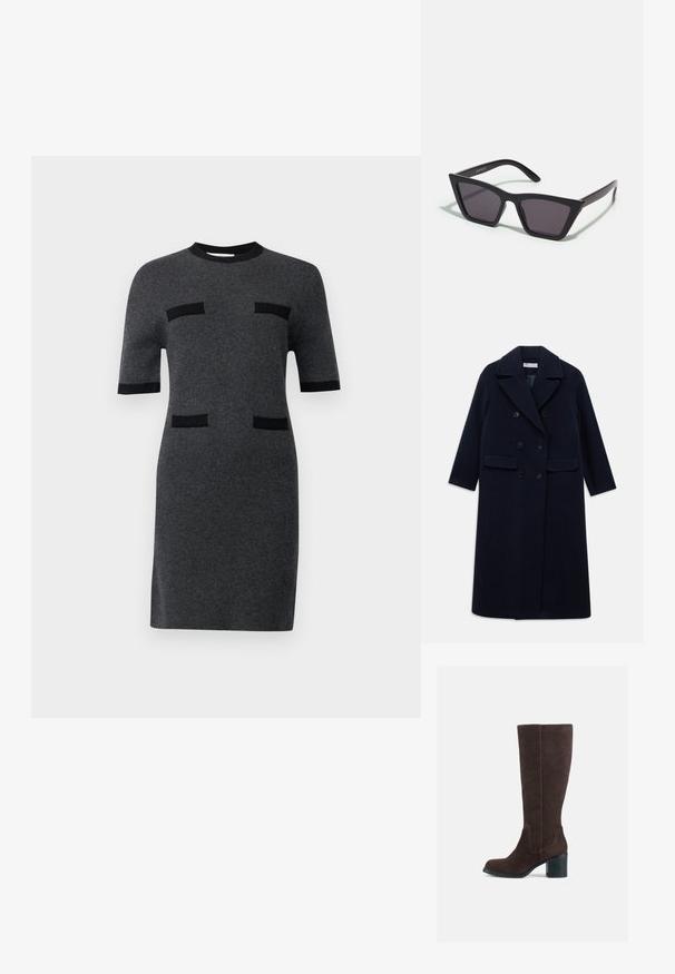 Manteau long en laine bleu marine à double boutonnage avec large revers, six boutons noirs, deux poches à rabat à l'avant et manches longues.; Robe à manches courtes en tissu tricoté gris foncé. Présente des accents noirs et deux détails surpoches noirs horizontaux à l'avant. Silhouette droite.; Bottes marron en daim à hauteur de genou avec un talon carré et une finition lisse. Bout arrondi et détails de couture distincts sur la tige.; Lunettes noires angulaires avec des verres gris ; fabriquées en plastique, avec des branches épaisses à la surface lisse et sans matériel visible.