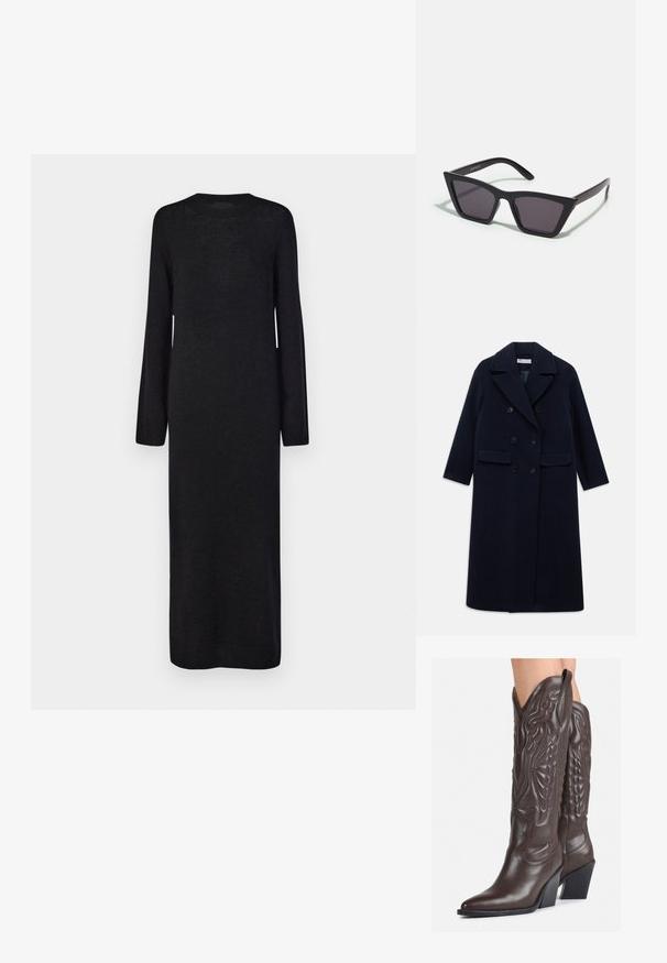 Casaco de lã azul-marinho de duplo peito, com lapelas largas, seis botões pretos, dois bolsos frontais com pala e mangas longas.; Vestido de malha preto, de mangas compridas, com decote redondo e silhueta reta, apresentando punhos e bainha canelados para uma textura adicional.; Botas de cowboy em couro castanho com bico pontudo e salto quadrado, apresentando costuras detalhadas e realces elevados no cano.; Óculos de sol pretos, angulares, com lentes cinzas; feitos de plástico, apresentando hastes grossas com uma superfície lisa e sem hardware visível.