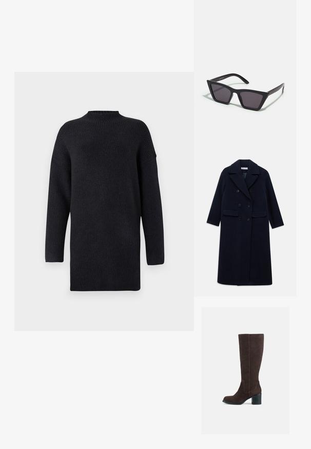 Abrigo de lana azul marino cruzado de doble botonadura con solapas anchas, seis botones negros, dos bolsillos delanteros con solapa y mangas largas.; Suéter de punto de manga larga en un oscuro tono navy, con cuello alto, textura de canalé y costuras de hombro caídas para un ajuste relajado.; Botas de ante marrón hasta la rodilla con tacón cuadrado y un acabado liso. Punta redonda y costura distintiva en el caño.; Gafas de sol negras y angulares con lentes grises; fabricadas en plástico, con varillas gruesas de superficie suave y sin herrajes visibles.