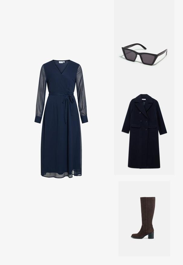 Dolga navy modra dvoredna volnena jakna širokimi reverji, s šestimi črnimi gumbi, dvema sprednjima žepoma z poklopcem in dolgimi rokavi.; Mornarsko modra obleka s preklopom, globokim V-izrezom, dolgimi prozornimi rokavi in pasom na vezanje. Ima tokajočo krilo z večplastno teksturo.; Rjava semiš škornji do kolen s kvadratnim peto in gladkim zaključkom. Okrogla nosnica in izrazito šivana podrobnost na gredici.; Črne, angularne sončne očala z sivimi lečami; izdelana iz plastike, imajo debele ročke z gladko površino in brez vidne opreme.