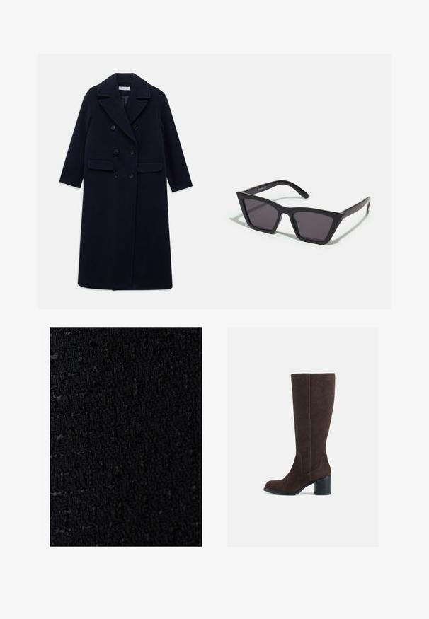 Langer navyblauer, doppelt geknöpfter Wollmantel mit breiten Revers, sechs schwarzen Knöpfen, zwei vorderen Klappentaschen und langen Ärmeln.; Dunkelgrauer Rollkragenpullover aus strukturiertem Strickmaterial, mit lockeren Ärmeln und oversized Passform sowie offenen Strickdetails an den Schultern.; Texturiertes schwarzes Gewebe mit einem gewebten Muster und einem subtilen Rautendesign, das auf ein haltbares und strukturiertes Material hinweist.; Braune Wildlederstiefel bis zum Knie mit Blockabsatz und glatter Oberfläche. Abgerundete Zehen und auffällige Nahtdetails am Schaft.; Schwarze, eckige Sonnenbrille mit grauen Gläsern; aus Kunststoff gefertigt, mit dicken Bügeln, die eine glatte Oberfläche und keine sichtbaren Beschläge haben.