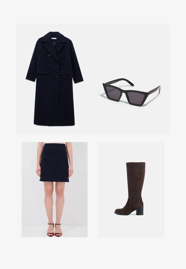 Lange marineblauwe dubbelzijdige wollen jas met brede revers, zes zwarte knopen, twee voorzakken met klep en lange mouwen.; Donkergrijze coltrui van een gestructureerd breiwerk, met losse mouwen en een oversized pasvorm, met opengewerkt detail op de schouders.; Navyblauwe knie-lange rok met een aansluitende taille, een gladde stof en discrete zijzakken. Gecombineerd met bruine sandaaltjes met hakken.; Bruine suède kniehoge laarzen met een blokhak en een gladde afwerking. Ronde neus en duidelijke naden op de schacht.; Zwarte, hoekige zonnebril met grijze lenzen; gemaakt van plastic, met dikke armen met een gladde oppervlakte en zonder zichtbare hardware.
