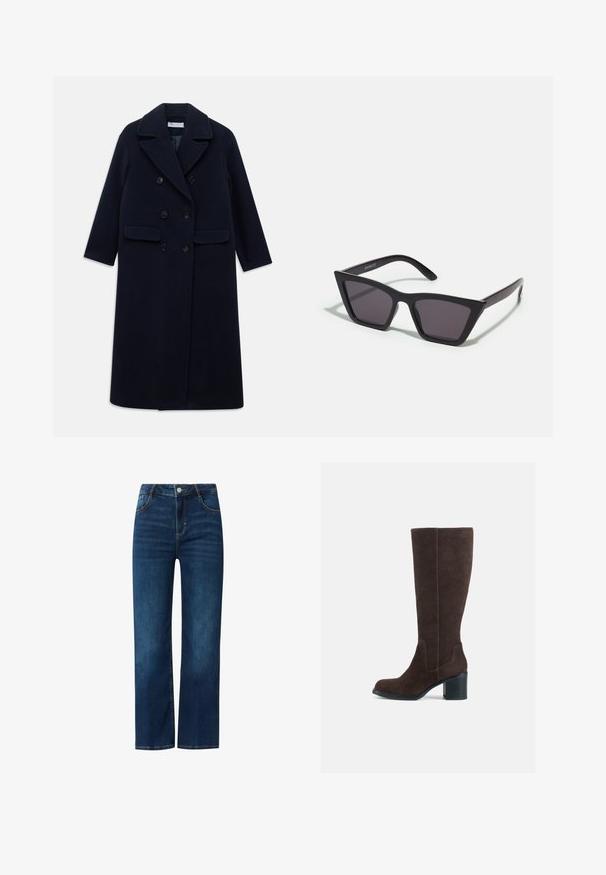 Langer navyblauer, doppelt geknöpfter Wollmantel mit breiten Revers, sechs schwarzen Knöpfen, zwei vorderen Klappentaschen und langen Ärmeln.; Dunkelgrauer Rollkragenpullover aus strukturiertem Strickmaterial, mit lockeren Ärmeln und oversized Passform sowie offenen Strickdetails an den Schultern.; Blaue Jeans aus Denim mit geradem Schnitt, ausgestattet mit einem Reißverschluss vorn, fünf Taschen und kontrastierenden Nähten. Glatte Textur, mittlere Wäsche.; Braune Wildlederstiefel bis zum Knie mit Blockabsatz und glatter Oberfläche. Abgerundete Zehen und auffällige Nahtdetails am Schaft.; Schwarze, eckige Sonnenbrille mit grauen Gläsern; aus Kunststoff gefertigt, mit dicken Bügeln, die eine glatte Oberfläche und keine sichtbaren Beschläge haben.
