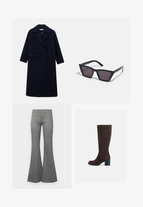 Lange marineblauwe dubbelzijdige wollen jas met brede revers, zes zwarte knopen, twee voorzakken met klep en lange mouwen.; Donkergrijze coltrui van een gestructureerd breiwerk, met losse mouwen en een oversized pasvorm, met opengewerkt detail op de schouders.; Grijze uitlopende broek met een gladde textuur en een getailleerd ontwerp, dat wijd uitloopt vanaf de knie tot de zoom.; Bruine suède kniehoge laarzen met een blokhak en een gladde afwerking. Ronde neus en duidelijke naden op de schacht.; Zwarte, hoekige zonnebril met grijze lenzen; gemaakt van plastic, met dikke armen met een gladde oppervlakte en zonder zichtbare hardware.