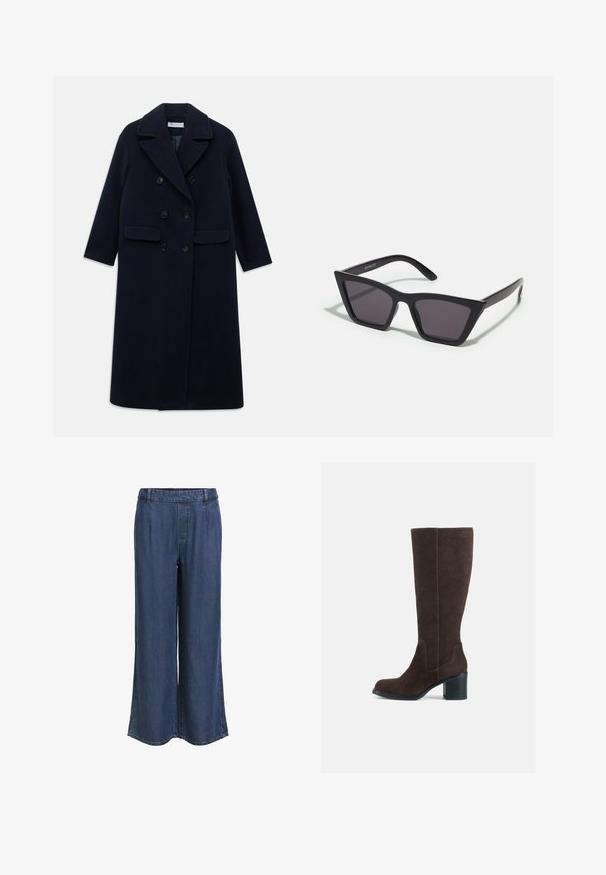 Lange marineblauwe dubbelzijdige wollen jas met brede revers, zes zwarte knopen, twee voorzakken met klep en lange mouwen.; Donkergrijze coltrui van een gestructureerd breiwerk, met losse mouwen en een oversized pasvorm, met opengewerkt detail op de schouders.; Rechtemodel donkere blauwe denim broek met een elastische tailleband en riemlussen, zonder zichtbare zakken, weergegeven tegen een witte achtergrond.; Bruine suède kniehoge laarzen met een blokhak en een gladde afwerking. Ronde neus en duidelijke naden op de schacht.; Zwarte, hoekige zonnebril met grijze lenzen; gemaakt van plastic, met dikke armen met een gladde oppervlakte en zonder zichtbare hardware.