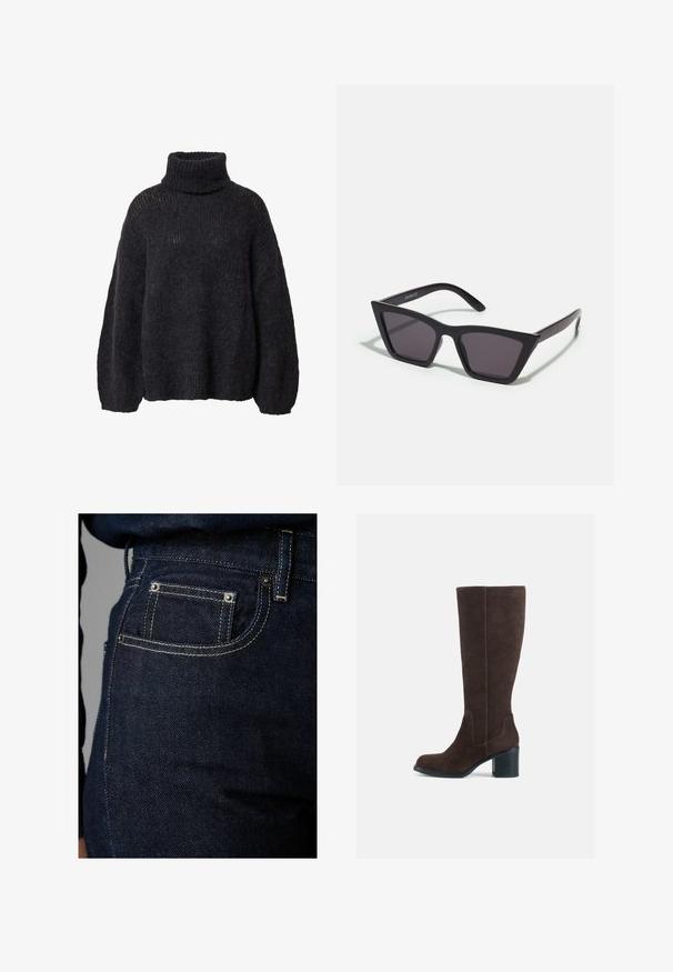 Langer navyblauer, doppelt geknöpfter Wollmantel mit breiten Revers, sechs schwarzen Knöpfen, zwei vorderen Klappentaschen und langen Ärmeln.; Dunkelgrauer Rollkragenpullover aus strukturiertem Strickmaterial, mit lockeren Ärmeln und oversized Passform sowie offenen Strickdetails an den Schultern.; Dunkelblaue Jeans aus Denim mit einem klassischen Fünf-Taschen-Design, Kontrastnähten und Metallnieten. DieTextur wirkt glatt mit einem leichten Glanz.; Braune Wildlederstiefel bis zum Knie mit Blockabsatz und glatter Oberfläche. Abgerundete Zehen und auffällige Nahtdetails am Schaft.; Schwarze, eckige Sonnenbrille mit grauen Gläsern; aus Kunststoff gefertigt, mit dicken Bügeln, die eine glatte Oberfläche und keine sichtbaren Beschläge haben.