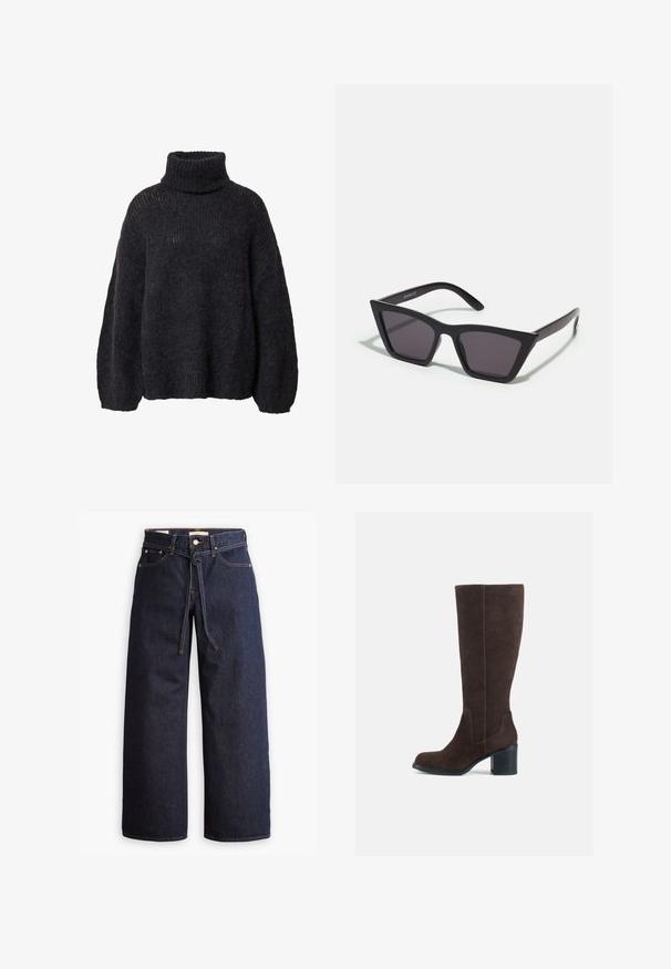 Langer navyblauer, doppelt geknöpfter Wollmantel mit breiten Revers, sechs schwarzen Knöpfen, zwei vorderen Klappentaschen und langen Ärmeln.; Dunkelgrauer Rollkragenpullover aus strukturiertem Strickmaterial, mit lockeren Ärmeln und oversized Passform sowie offenen Strickdetails an den Schultern.; Weite, dunkelblaue Jeans aus Denim mit hoher Taille, ausgestattet mit einem Kordelzug, fünf Taschen und kontrastierenden Nähdetails.; Braune Wildlederstiefel bis zum Knie mit Blockabsatz und glatter Oberfläche. Abgerundete Zehen und auffällige Nahtdetails am Schaft.; Schwarze, eckige Sonnenbrille mit grauen Gläsern; aus Kunststoff gefertigt, mit dicken Bügeln, die eine glatte Oberfläche und keine sichtbaren Beschläge haben.