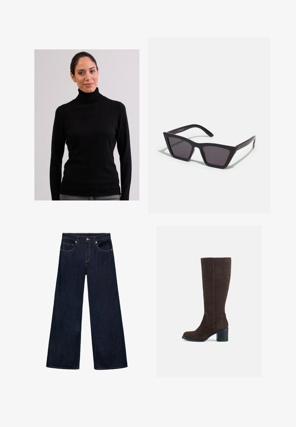 Lång marinblå dubbelknäppt ullkappa med breda slag, sex svarta knappar, två framfickor med klaff och långa ärmar.; CASH-MERE CASH-MERE ROLLKRAGEN PULLOVER - Stickad tröja - schwarz; Mörkblå denimbyxor med vida ben och hög midja, som har fem fickor, metallknäppning och synliga sömdekorationer.; Bruna mocka knähöga stövlar med klack och en mjuk yta. Rund tå och distinkt sömdetaljering på skaftet.; Svarta, vinklade solglasögon med grå linser; tillverkade av plast, med tjocka skalmar med en slät yta och utan synlig hårdvara.