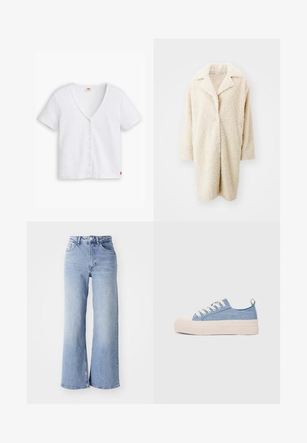 Krémový, chlupatý kabát z umělé kožešiny s velkým límcem, otevřeným předním dílem a tříčtvrtečními rukávy. Obsahuje dvě boční kapsy a má uvolněný střih.; Bílý proužkovaný top s krátkým rukávem a hlubokým véčkovým výstřihem, s řadou šesti knoflíků na přední straně a malým červeným logem na lemu.; Světle modré kalhoty s vysokým pasem a širokými nohavicemi, s předními a zadními kapsami, zapínáním na knoflík a jemným zesvětlením na stehnech a lemech.; Světlé modré plátěné tenisky s krémovou gumovou špičkou a podrážkou, které mají bílé tkaničky a poutko na patě.