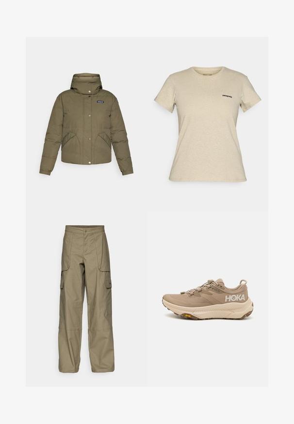 Patagonia DOWNDRIFT - Casaco de penas - basin green; T-shirt de manga curta em bege da Patagonia com um pequeno logótipo preto no lado esquerdo do peito, exibido sobre um fundo simples.; Calças cargo em tecido verde-oliva, com um corte solto, múltiplos bolsos laterais e fecho com botão na cintura. Textura suave.; Sapatilha de caminhada bege com um upper texturizado, sola Vibram e atacadores elásticos. Apresenta o logo da HOKA e a marca GORE-TEX para resistência à água.