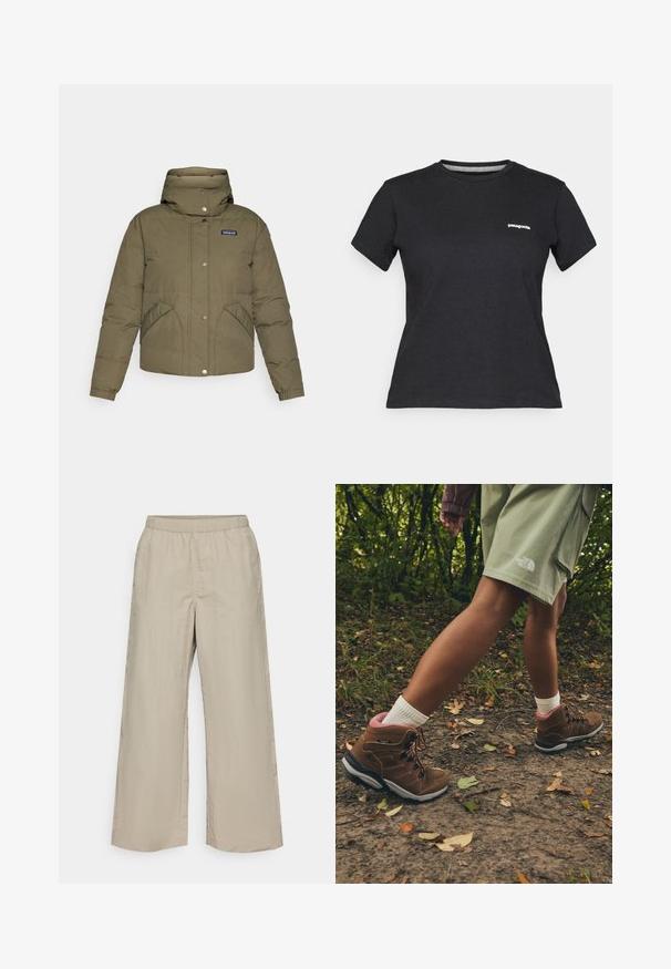 Patagonia DOWNDRIFT - Μπουφάν με πούπουλα - basin green; Μαύρο βαμβακερό T-shirt με στρογγυλή λαιμόκοψη και κοντά μανίκια. Διαθέτει λευκό λογότυπο "Patagonia" στην αριστερή περιοχή του στήθους.; Φαρδιές παντελόνες σε ανοιχτό μπεζ ύφασμα με ελαστική μέση, λεία υφή και χωρίς ορατές μεταλλικές λεπτομέρειες ή σχέδια.; Jack Wolfskin REFUGIO PRIME TEXAPORE MID W - Παπούτσια πεζοπορίας - fawn