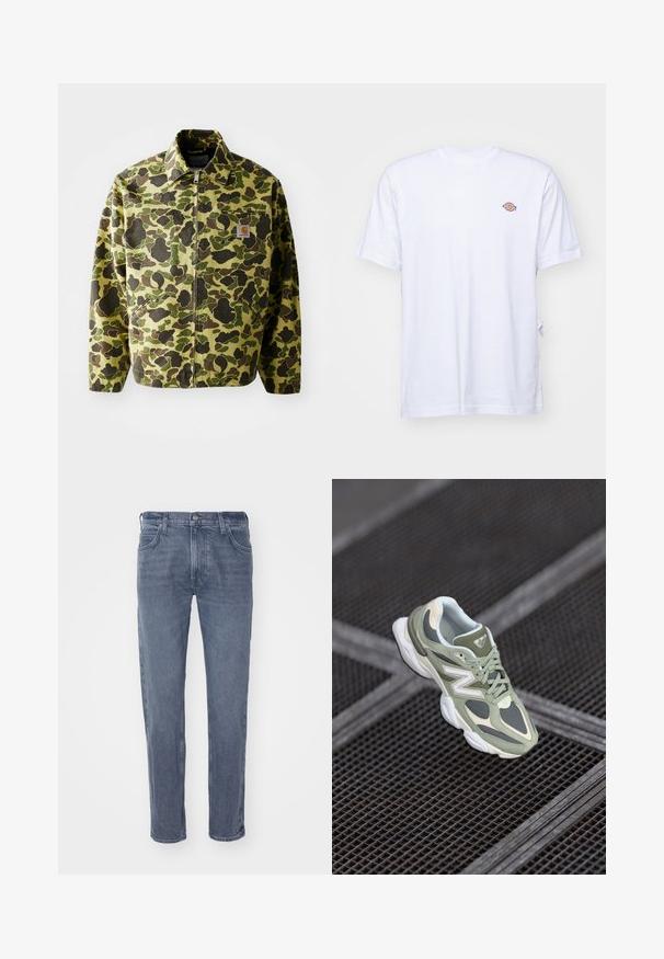 Jakna s kamuflažnim vzorcem, izdelana iz bombaža v zelenih in rjavih odtenkih. Ima zadrgo, ovratnik in stranske žepke. Detajl z reflektivno oznako.; Bela bombažna majica s kratkimi rokavi in V-izrezom. Ima majhen barvni vezen logotip na levem prsnem delu. Mehka tekstura.; Modre kavbojke s ravnim krojem, ki imajo gumb in zadrgo za zapiranje, sprednje žepke ter rahlo zbledelost na tkanini.; Zelena in bež športna čevlja z mrežasto in sintetično materialom, ki imata zaobljeno obliko, teksturirane detajle in izstopajoč logotip na strani.