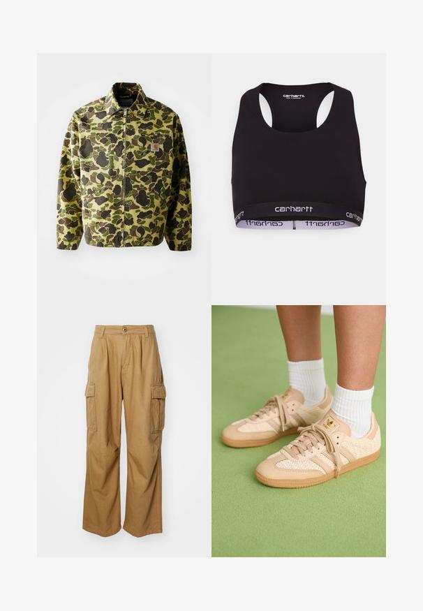 Τζάκετ παραλλαγής κατασκευασμένο από βαμβάκι σε πράσινες και καφέ αποχρώσεις. Διαθέτει φερμουάρ, λαιμόκοψη και πλαϊνές τσέπες. Λεπτομέρεια με ανακλαστικό λογότυπο.; Μαύρο αθλητικό σουτιέν με στρογγυλή λαιμόκοψη και σχέδιο racerback. Διαθέτει ενισχυμένη ζώνη στη μέση με λευκή επωνυμία "carhartt". Μαλακή υφή υφάσματος.; Καφέ cargo παντελόνια με ίσια γραμμή, διαθέτοντας δύο πλαϊνές τσέπες και κλείσιμο με κουμπί. Κατασκευασμένα από ένα μαλακό, ανθεκτικό ύφασμα.; Πόδια που φορούν μπεζ πλεκτά αθλητικά παπούτσια Adidas με καφέ σόλες και λευκές κάλτσες μέχρι τον αστράγαλο σε πράσινο υφασμάτινο δάπεδο.