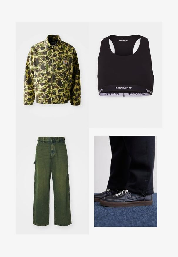 Kamuflasjejakke laget av bomull i grønne og brune nyanser. Har glidelås, krage og sidelommer. Reflekterende logopatch-detalj.; Svart sports BH med rund hals og racerback-design. Har et forsterket liv med hvit "carhartt" merkevare. Myk tekstur.; Grønne denim cargo bukser med vide ben, som har side lommer, falmet tekstur, og klassisk knap- og lynlåslukning.; Nike Sportswear KILLSHOT 2 LTR PRM OPP2 - Joggesko - black sail baroque brown mtlc dk grey