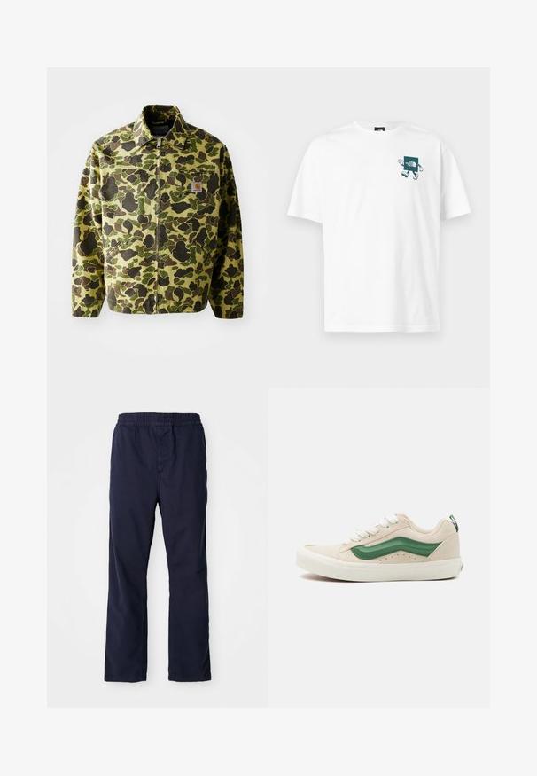 Camouflage jacket made of cotton in green and brown hues. Features a zip closure, collar, and side pockets. Reflective logo patch detail.; White cotton t-shirt featuring a teal graphic on the chest, depicting a rectangular character with arms and legs, and brand text.; Navy blue cotton pants with an elastic waistband, straight leg design, and subtle stitching details. Smooth texture, no visible pockets.; Beige suede sneaker with green leather accents, rounded toe, white laces, and textured detailing on sides. Rubber outsole visible.