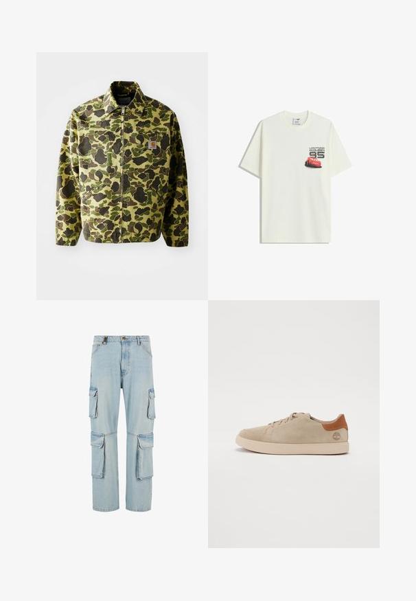 Maskovací bunda vyrobená z bavlny v zelených a hnědých odstínech. Má zipový uzávěr, límec a boční kapsy. Detail s odrazovým logem.; Bílý tričko s krátkým rukávem se malou grafikou červeného auta blesku McQueena a textem "Lightning McQueen 95" na levé straně hrudi.; Světle modré džínové cargo kalhoty s několika postranními kapsami, rovný střih a zeslabený vzhled. Obsahují přední zapínání na knoflík a zip.; Krémové semišové tenisky se šitým vzorem, světlou gumovou podrážkou a hnědými koženými detaily na patě a logu.