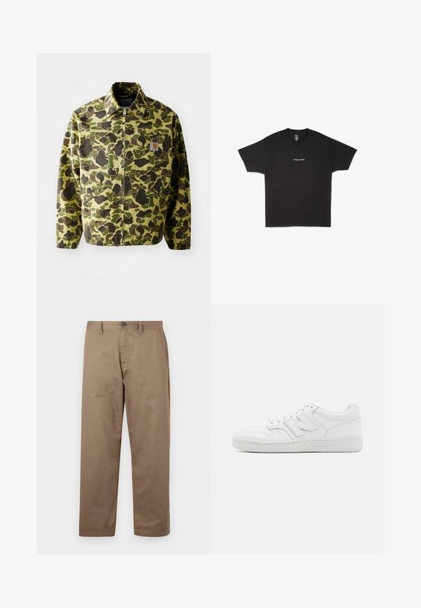 Camouflagejakke lavet af bomuld i grønne og brune nuancer. Har lynlås lukning, krave og sidelommer. Reflekslogo-patch detalje.; Sort bomulds T-shirt med rund hals og korte ærmer, med et lille hvidt "VOLCOM" logo trykt på forsiden i midten.; Brune bomuldsbukser med lige ben, udstyret med knaplukning, sidelommer og en glat tekstur. Ingen synlige mønstre eller detaljer.; Hvide sneakers lavet af glat læder, med perforeret tå, en tekstureret gummisål, flade snørebånd og et fremtrædende 'N' logo på siden.