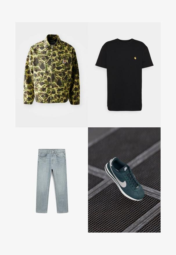 Camouflage jacket made of cotton in green and brown hues. Features a zip closure, collar, and side pockets. Reflective logo patch detail.; Black cotton t-shirt with short sleeves, crew neck, and a small yellow logo on the left chest area. Simple design and regular fit.; Light blue denim jeans with a straight cut, five pockets, and a visible button and zipper closure. Smooth texture with slight fading.; Nike sneaker in dark green suede with gray accents, featuring rounded toe, flat laces, and a textured rubber sole. Logo on tongue.